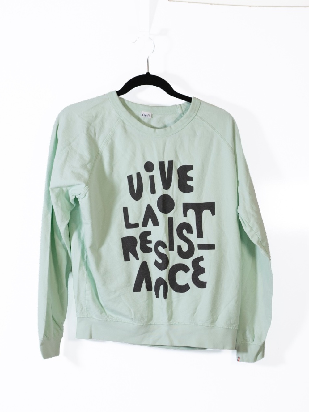 Clare V. Vive La Resistance Graphic Cotton Crew Neck Pullover Sweater Mint S